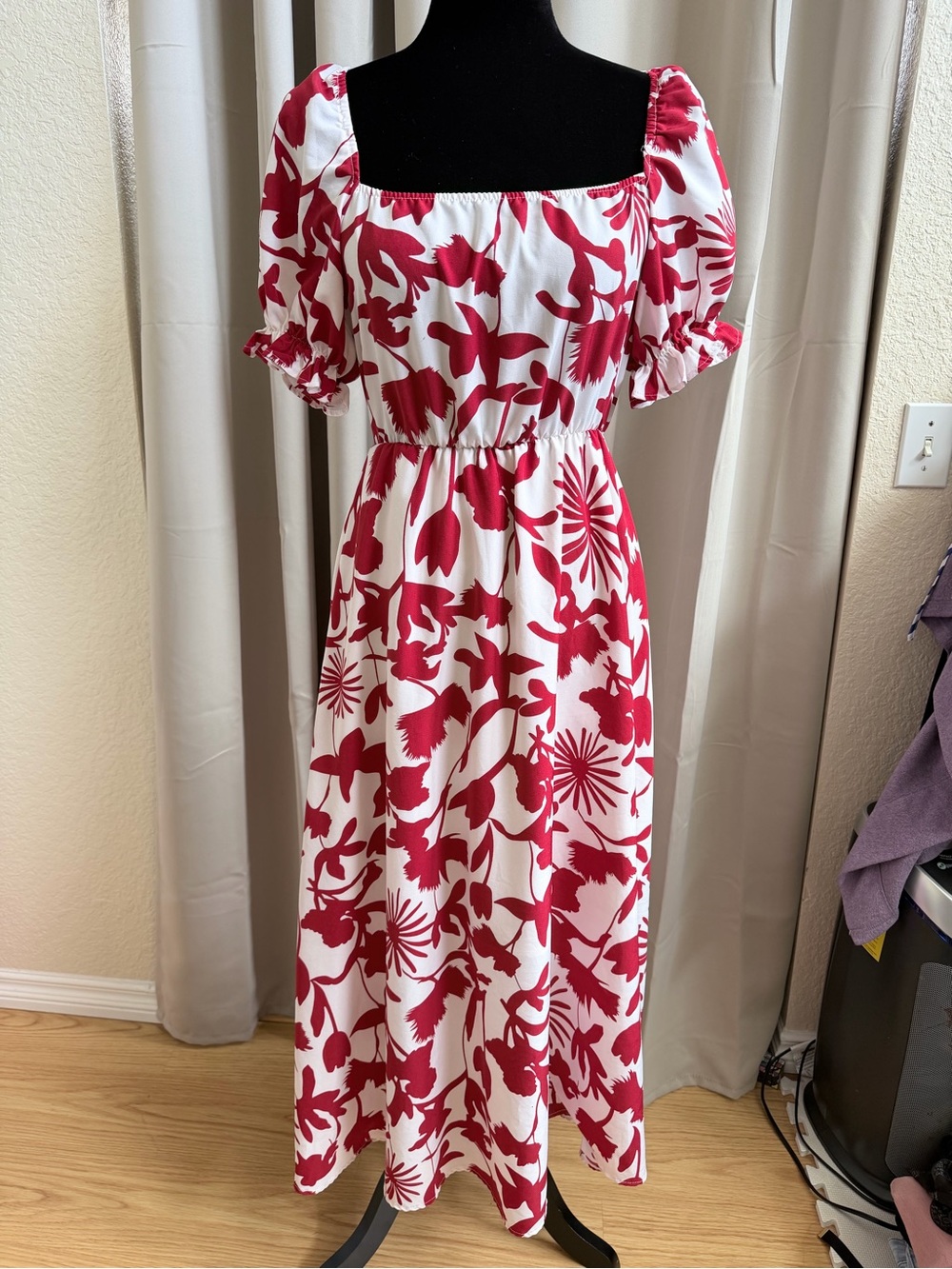 SHEIN Red & White Floral Square-Neck Maxi Dress